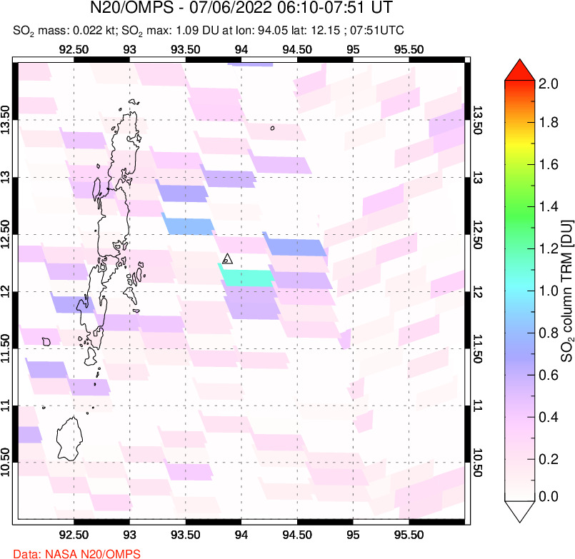 A sulfur dioxide image over Andaman Islands, Indian Ocean on Jul 06, 2022.