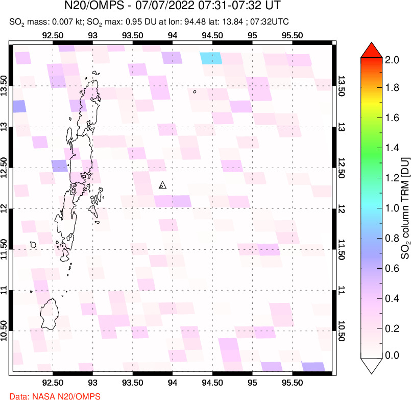 A sulfur dioxide image over Andaman Islands, Indian Ocean on Jul 07, 2022.