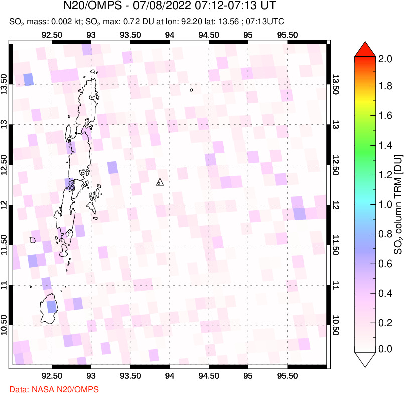 A sulfur dioxide image over Andaman Islands, Indian Ocean on Jul 08, 2022.