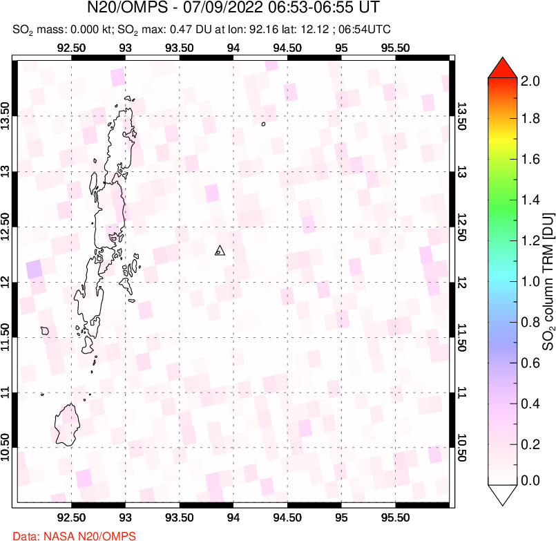 A sulfur dioxide image over Andaman Islands, Indian Ocean on Jul 09, 2022.