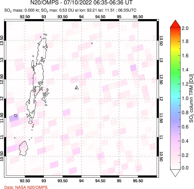 A sulfur dioxide image over Andaman Islands, Indian Ocean on Jul 10, 2022.