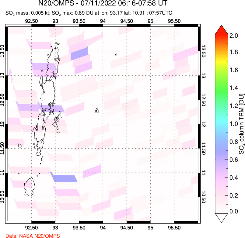 A sulfur dioxide image over Andaman Islands, Indian Ocean on Jul 11, 2022.