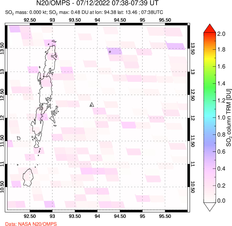 A sulfur dioxide image over Andaman Islands, Indian Ocean on Jul 12, 2022.