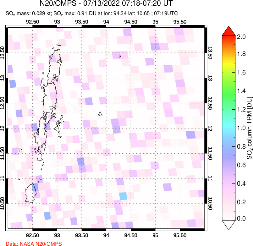 A sulfur dioxide image over Andaman Islands, Indian Ocean on Jul 13, 2022.