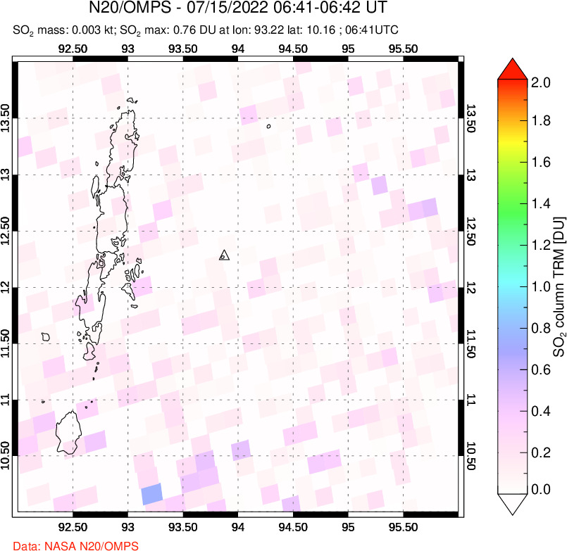 A sulfur dioxide image over Andaman Islands, Indian Ocean on Jul 15, 2022.