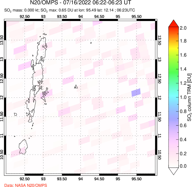 A sulfur dioxide image over Andaman Islands, Indian Ocean on Jul 16, 2022.