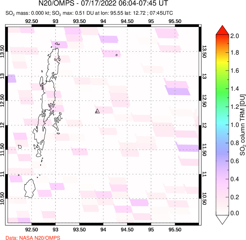 A sulfur dioxide image over Andaman Islands, Indian Ocean on Jul 17, 2022.