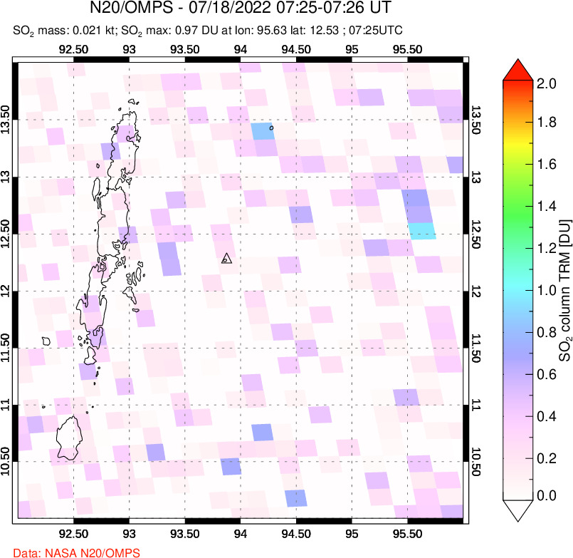 A sulfur dioxide image over Andaman Islands, Indian Ocean on Jul 18, 2022.