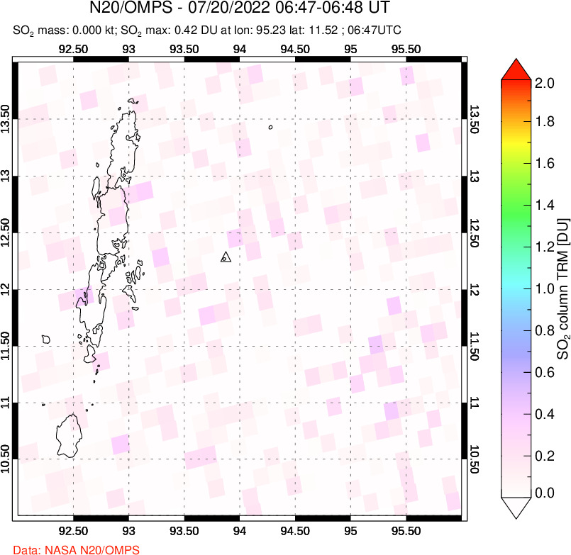 A sulfur dioxide image over Andaman Islands, Indian Ocean on Jul 20, 2022.