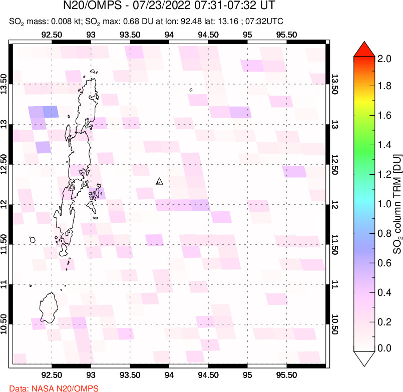 A sulfur dioxide image over Andaman Islands, Indian Ocean on Jul 23, 2022.