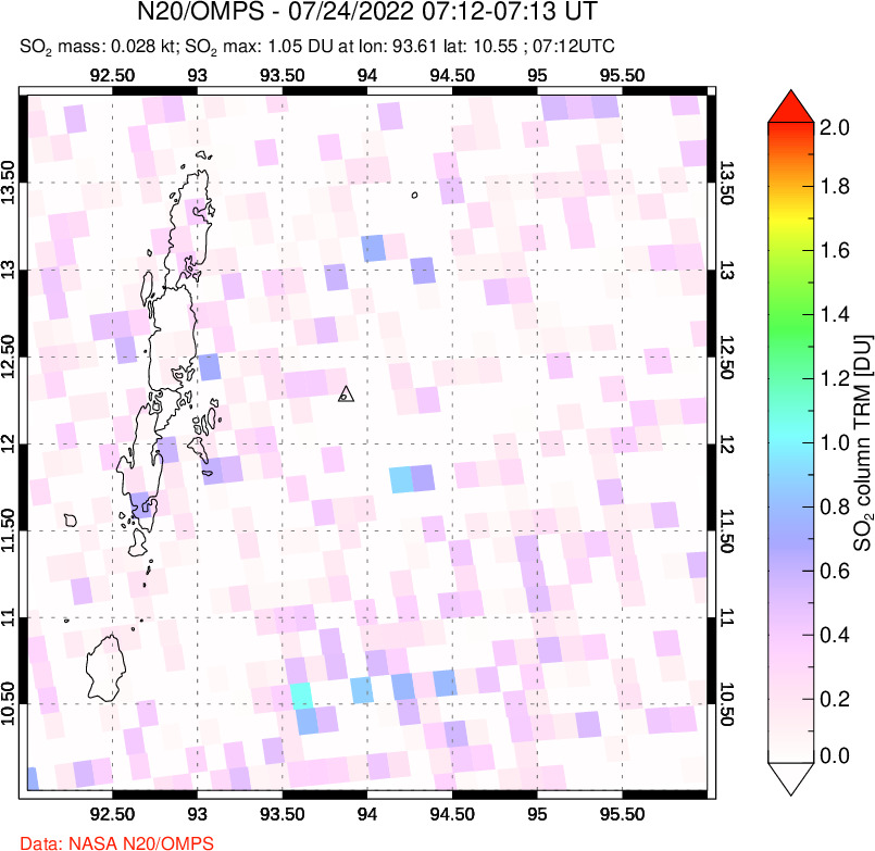 A sulfur dioxide image over Andaman Islands, Indian Ocean on Jul 24, 2022.