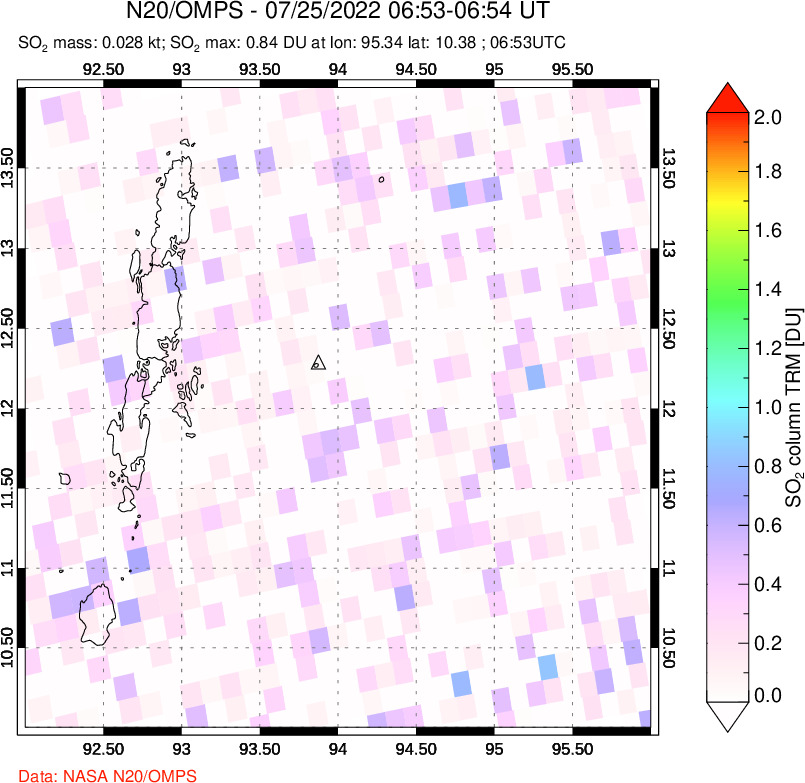 A sulfur dioxide image over Andaman Islands, Indian Ocean on Jul 25, 2022.