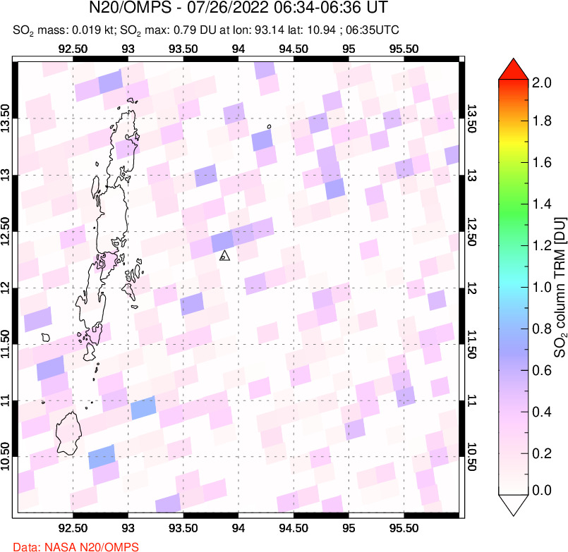 A sulfur dioxide image over Andaman Islands, Indian Ocean on Jul 26, 2022.