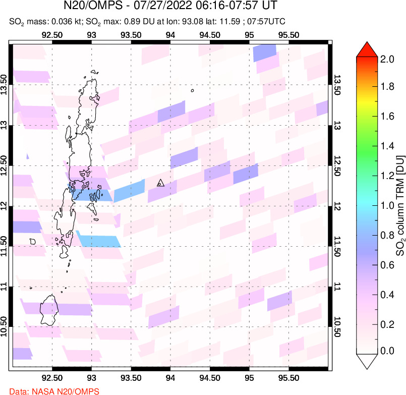 A sulfur dioxide image over Andaman Islands, Indian Ocean on Jul 27, 2022.