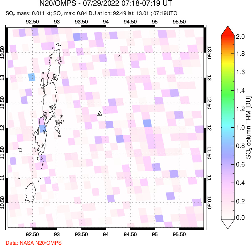 A sulfur dioxide image over Andaman Islands, Indian Ocean on Jul 29, 2022.