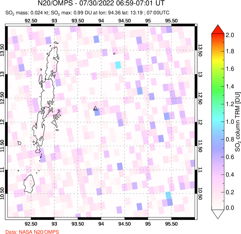 A sulfur dioxide image over Andaman Islands, Indian Ocean on Jul 30, 2022.