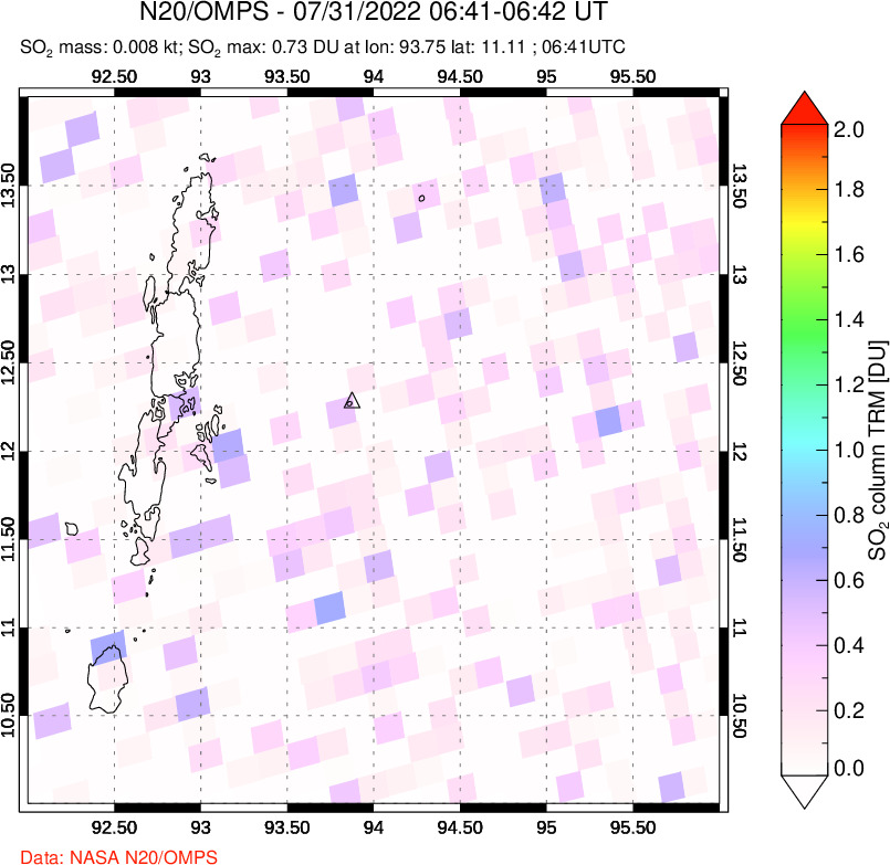 A sulfur dioxide image over Andaman Islands, Indian Ocean on Jul 31, 2022.