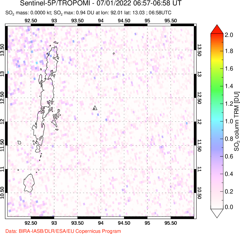 A sulfur dioxide image over Andaman Islands, Indian Ocean on Jul 01, 2022.