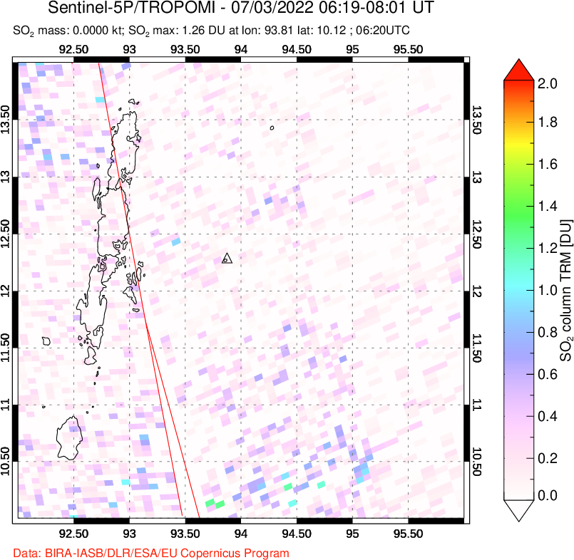 A sulfur dioxide image over Andaman Islands, Indian Ocean on Jul 03, 2022.