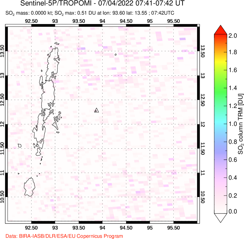 A sulfur dioxide image over Andaman Islands, Indian Ocean on Jul 04, 2022.