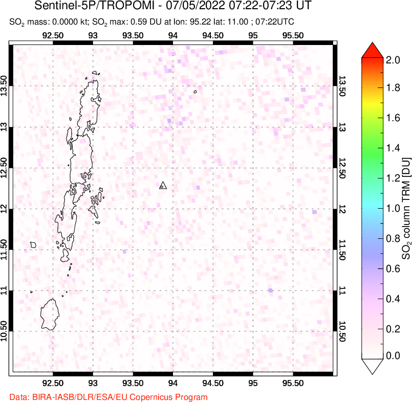 A sulfur dioxide image over Andaman Islands, Indian Ocean on Jul 05, 2022.