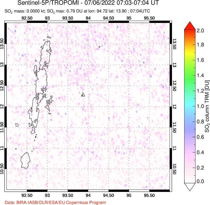 A sulfur dioxide image over Andaman Islands, Indian Ocean on Jul 06, 2022.