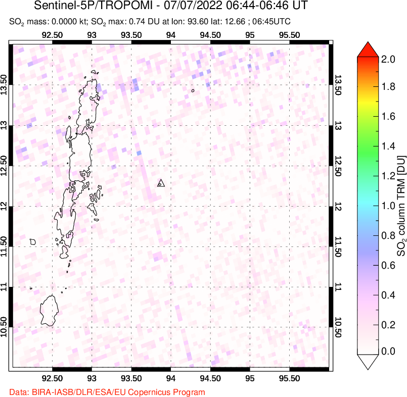 A sulfur dioxide image over Andaman Islands, Indian Ocean on Jul 07, 2022.