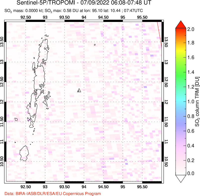 A sulfur dioxide image over Andaman Islands, Indian Ocean on Jul 09, 2022.