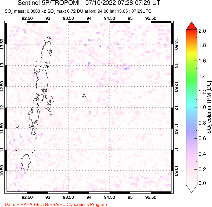 A sulfur dioxide image over Andaman Islands, Indian Ocean on Jul 10, 2022.