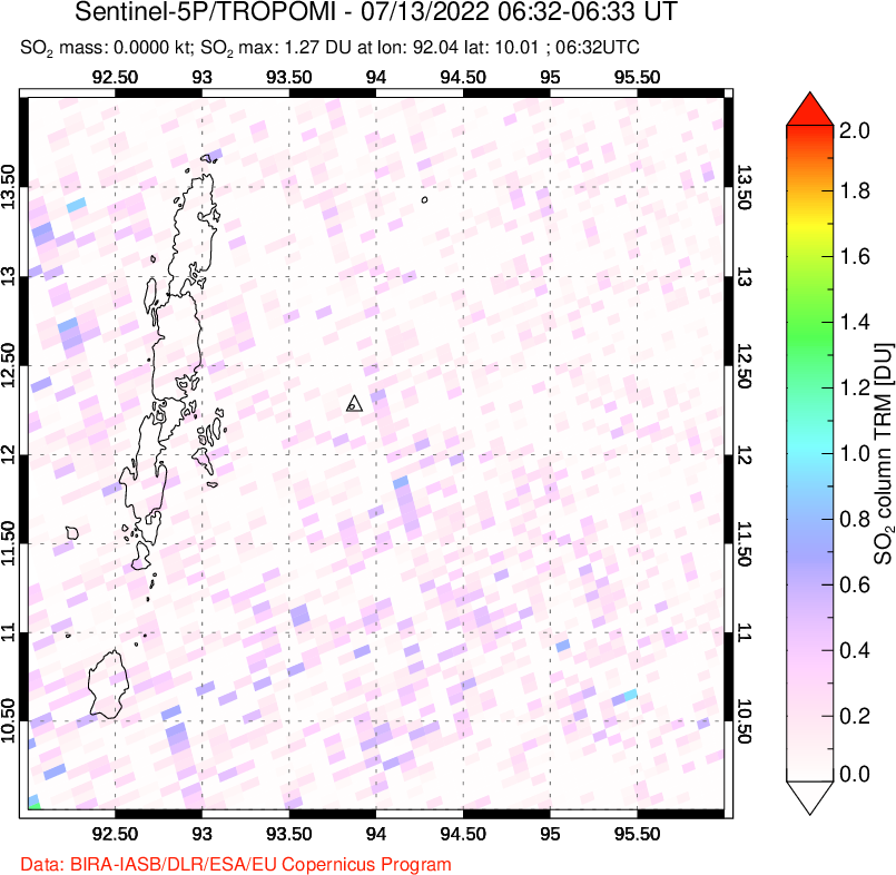A sulfur dioxide image over Andaman Islands, Indian Ocean on Jul 13, 2022.