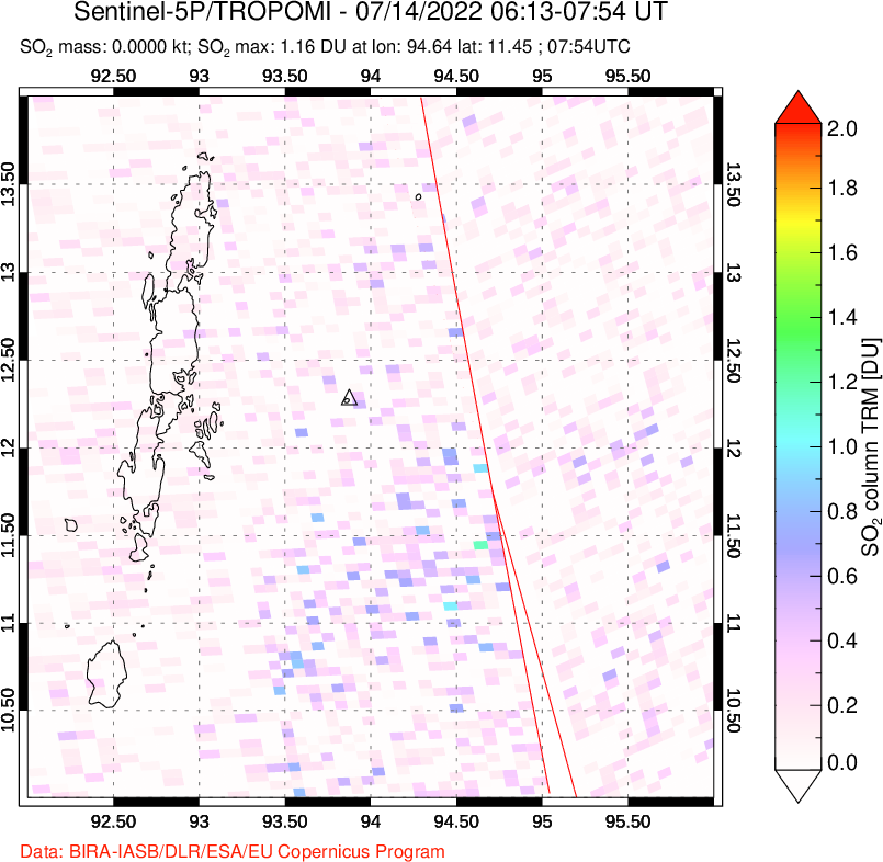 A sulfur dioxide image over Andaman Islands, Indian Ocean on Jul 14, 2022.