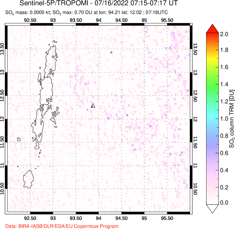 A sulfur dioxide image over Andaman Islands, Indian Ocean on Jul 16, 2022.