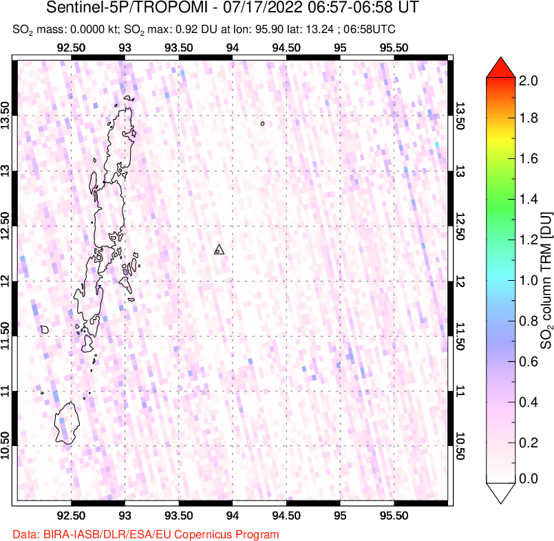 A sulfur dioxide image over Andaman Islands, Indian Ocean on Jul 17, 2022.