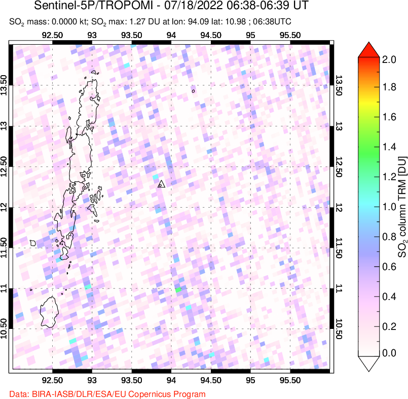 A sulfur dioxide image over Andaman Islands, Indian Ocean on Jul 18, 2022.
