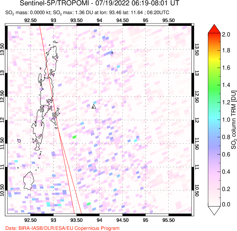 A sulfur dioxide image over Andaman Islands, Indian Ocean on Jul 19, 2022.