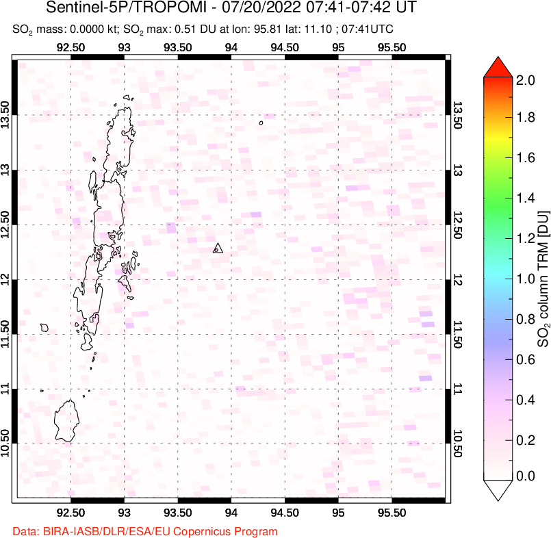 A sulfur dioxide image over Andaman Islands, Indian Ocean on Jul 20, 2022.