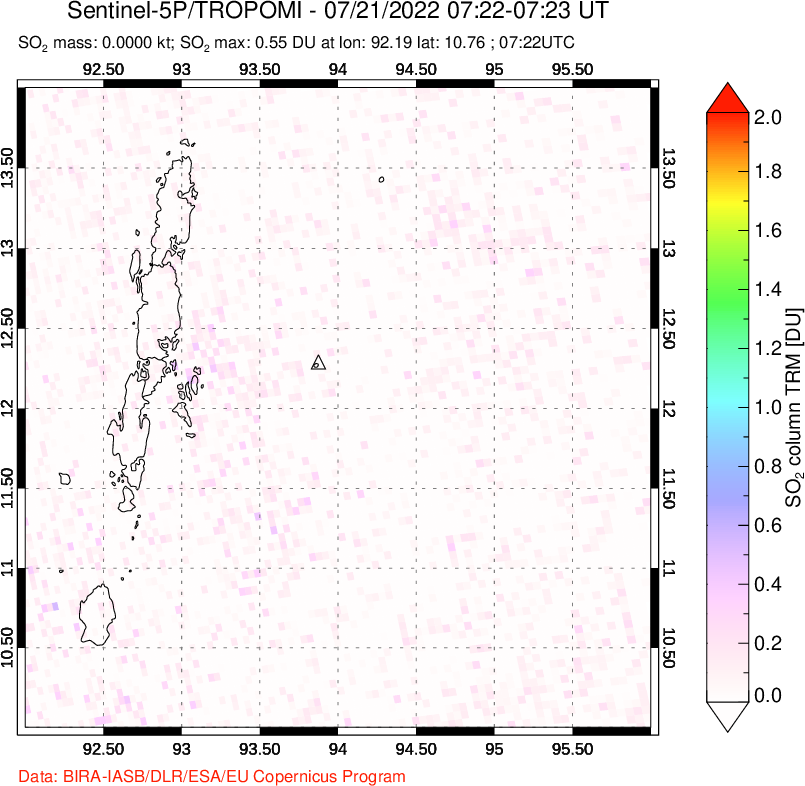 A sulfur dioxide image over Andaman Islands, Indian Ocean on Jul 21, 2022.