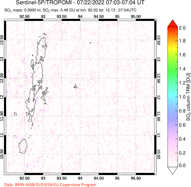 A sulfur dioxide image over Andaman Islands, Indian Ocean on Jul 22, 2022.