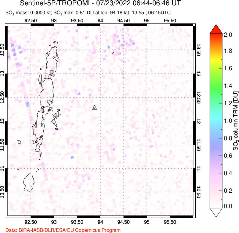 A sulfur dioxide image over Andaman Islands, Indian Ocean on Jul 23, 2022.