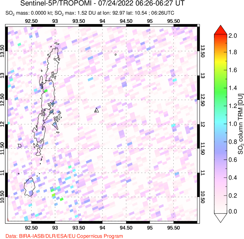 A sulfur dioxide image over Andaman Islands, Indian Ocean on Jul 24, 2022.