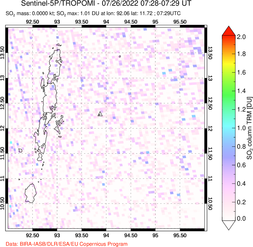 A sulfur dioxide image over Andaman Islands, Indian Ocean on Jul 26, 2022.