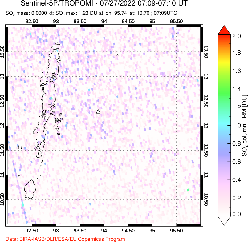 A sulfur dioxide image over Andaman Islands, Indian Ocean on Jul 27, 2022.
