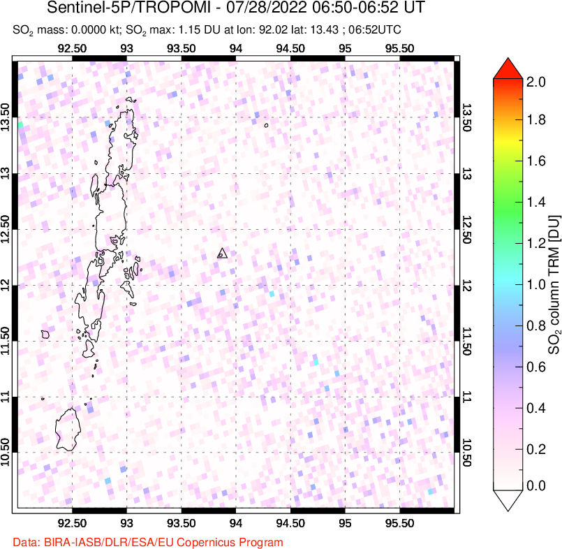 A sulfur dioxide image over Andaman Islands, Indian Ocean on Jul 28, 2022.