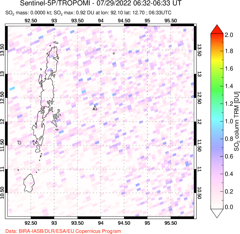 A sulfur dioxide image over Andaman Islands, Indian Ocean on Jul 29, 2022.