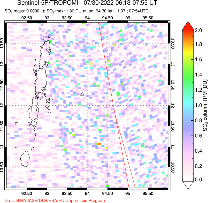 A sulfur dioxide image over Andaman Islands, Indian Ocean on Jul 30, 2022.
