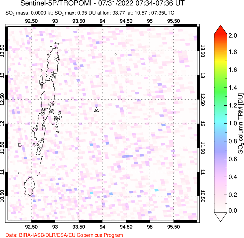 A sulfur dioxide image over Andaman Islands, Indian Ocean on Jul 31, 2022.