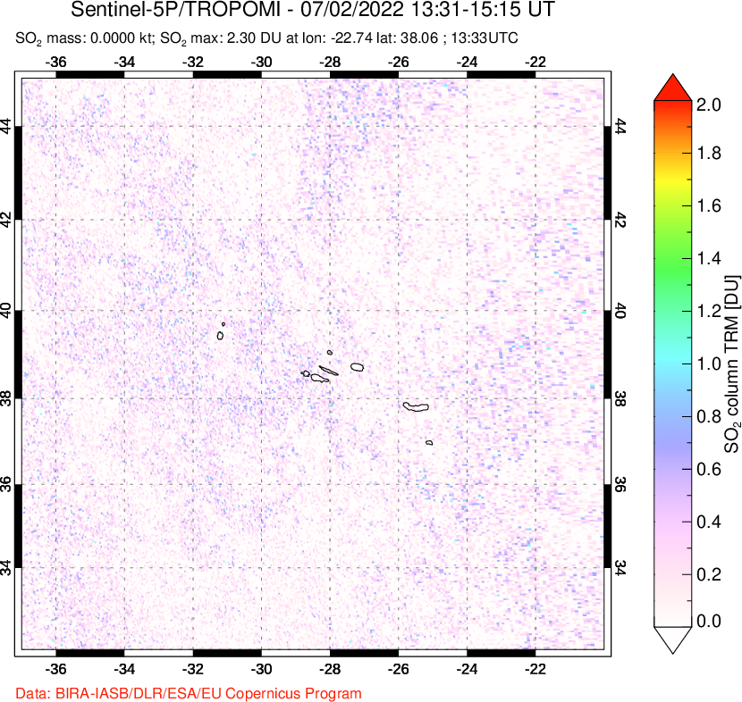 A sulfur dioxide image over Azore Islands, Portugal on Jul 02, 2022.