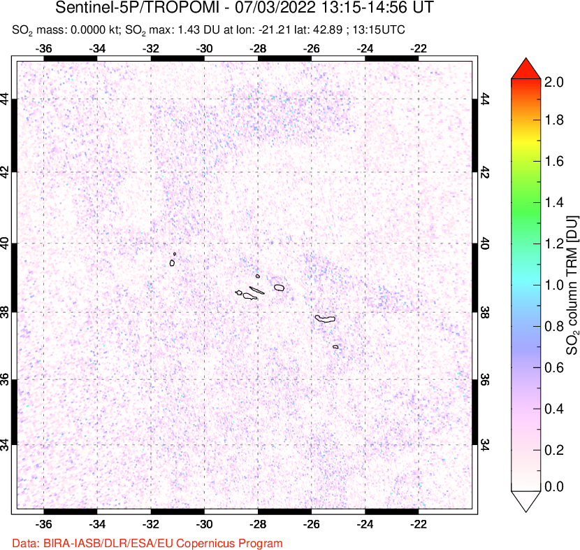 A sulfur dioxide image over Azore Islands, Portugal on Jul 03, 2022.