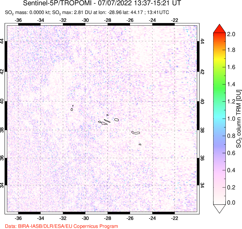 A sulfur dioxide image over Azore Islands, Portugal on Jul 07, 2022.