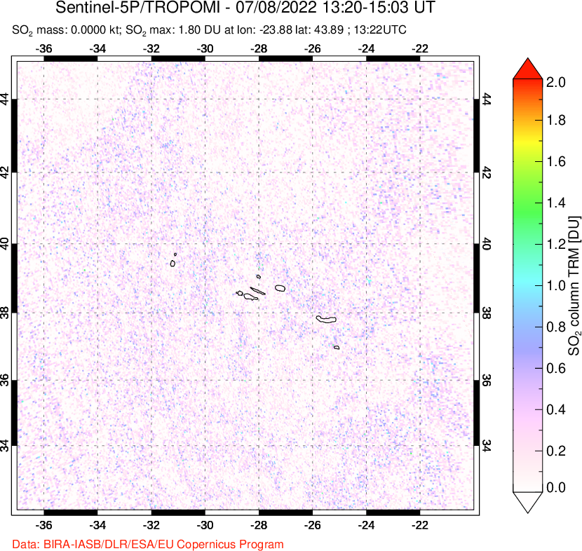 A sulfur dioxide image over Azore Islands, Portugal on Jul 08, 2022.